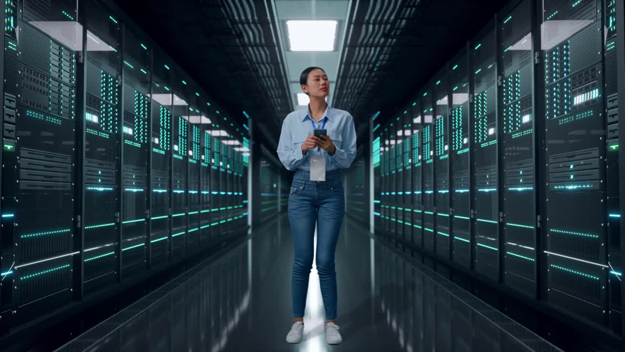 Helkropsbillede af en asiatisk kvindelig medarbejder med sin smartphone i et serverrum i et datacenter. Hun observerer omgivelserne, før hun fokuserer på sin smartphone.