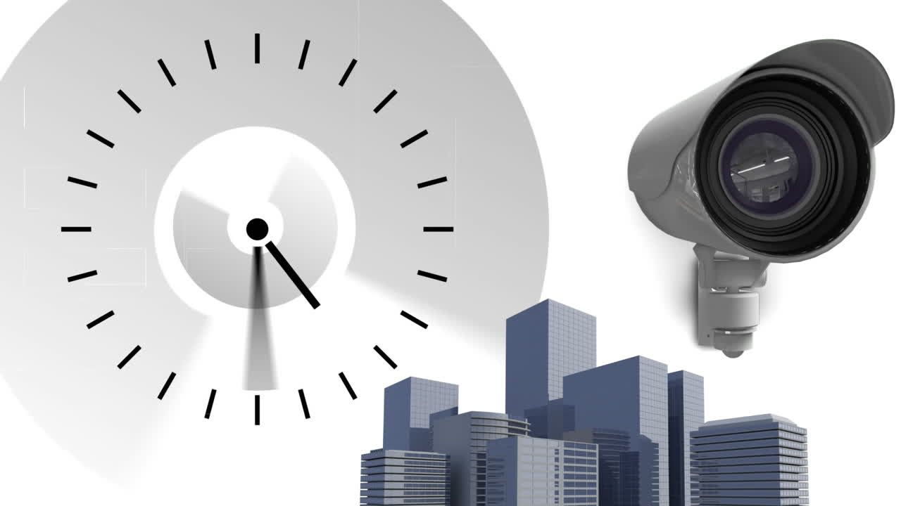 Animazione di un orologio che si muove velocemente e di una telecamera che registra, con un paesaggio urbano sullo sfondo.
