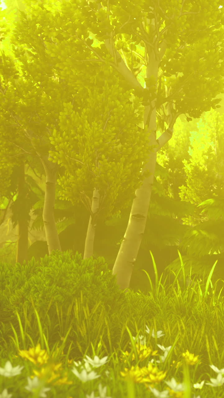 Scena di foresta verde brillante con alberi e fiori di giorno