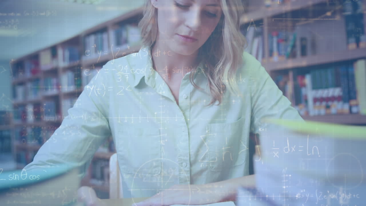 анимация математических уравнений над студенткой, изучающей в библиотеке