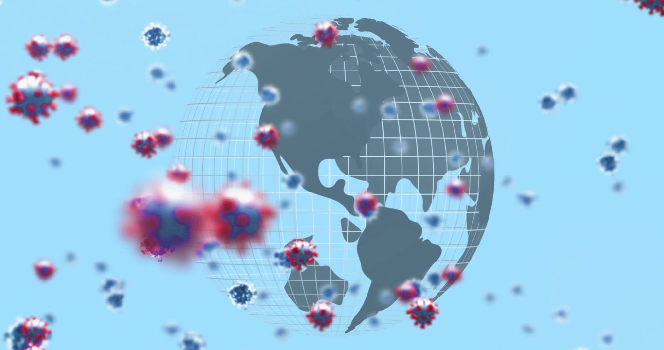 Animazione 3D di cellule di coronavirus che fluttuano intorno a una mappa globale