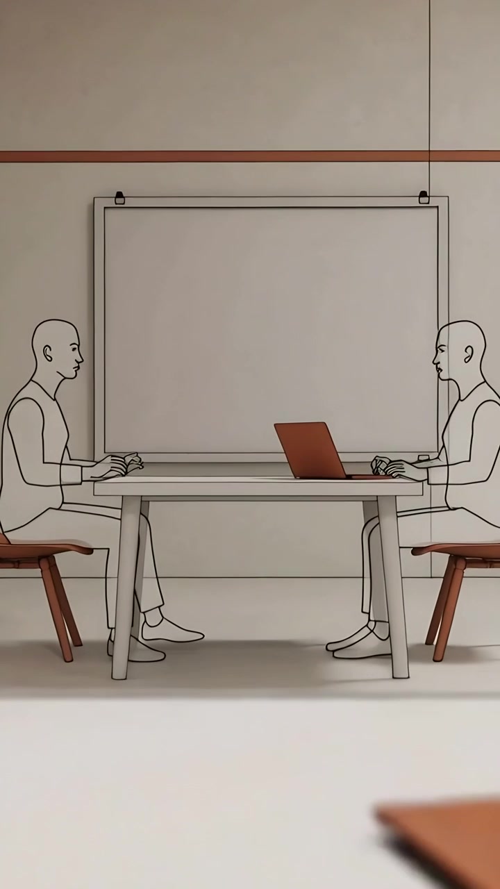 Vertical video: Camera moving showing two men in shirts reviewing laptop in boardroom, for project