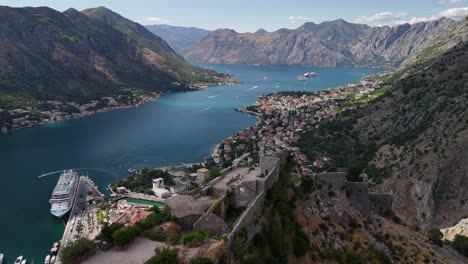 coastal aerial approaches medieval fort high above kotor, montenegro