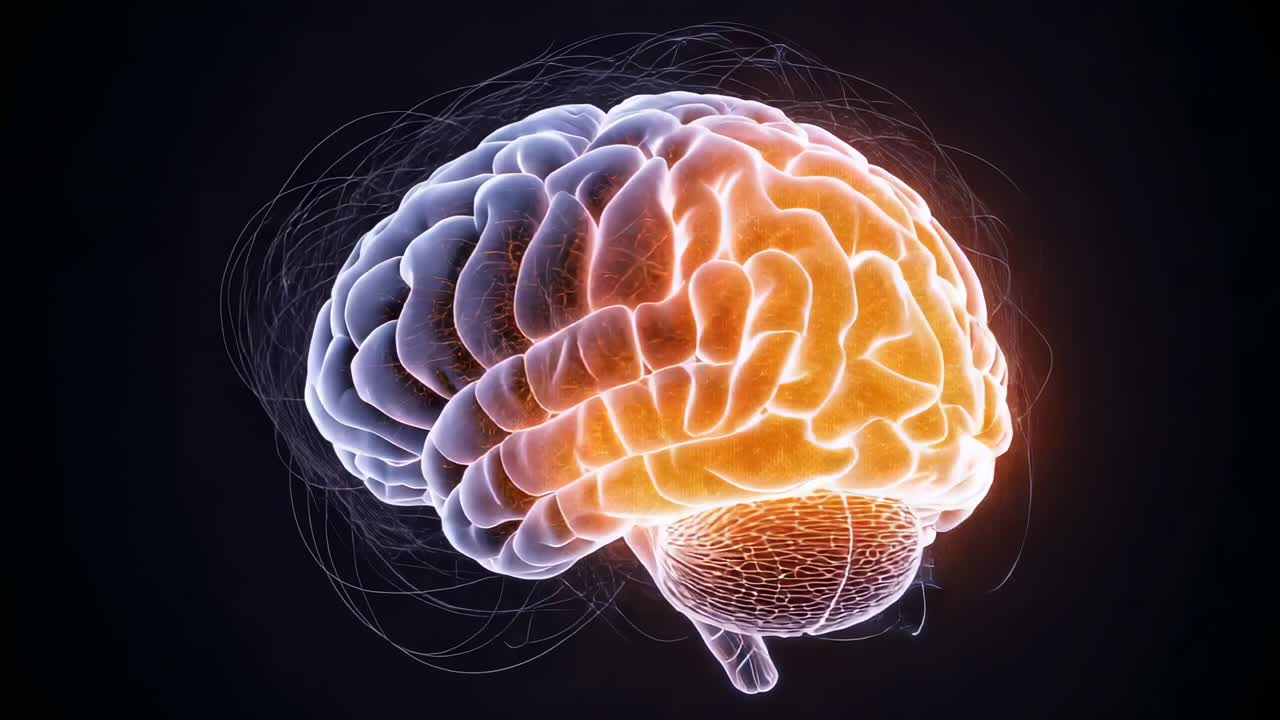 Light pulse driving 3D brain rotating in dark void growing cortical glow with trails and cerebellum