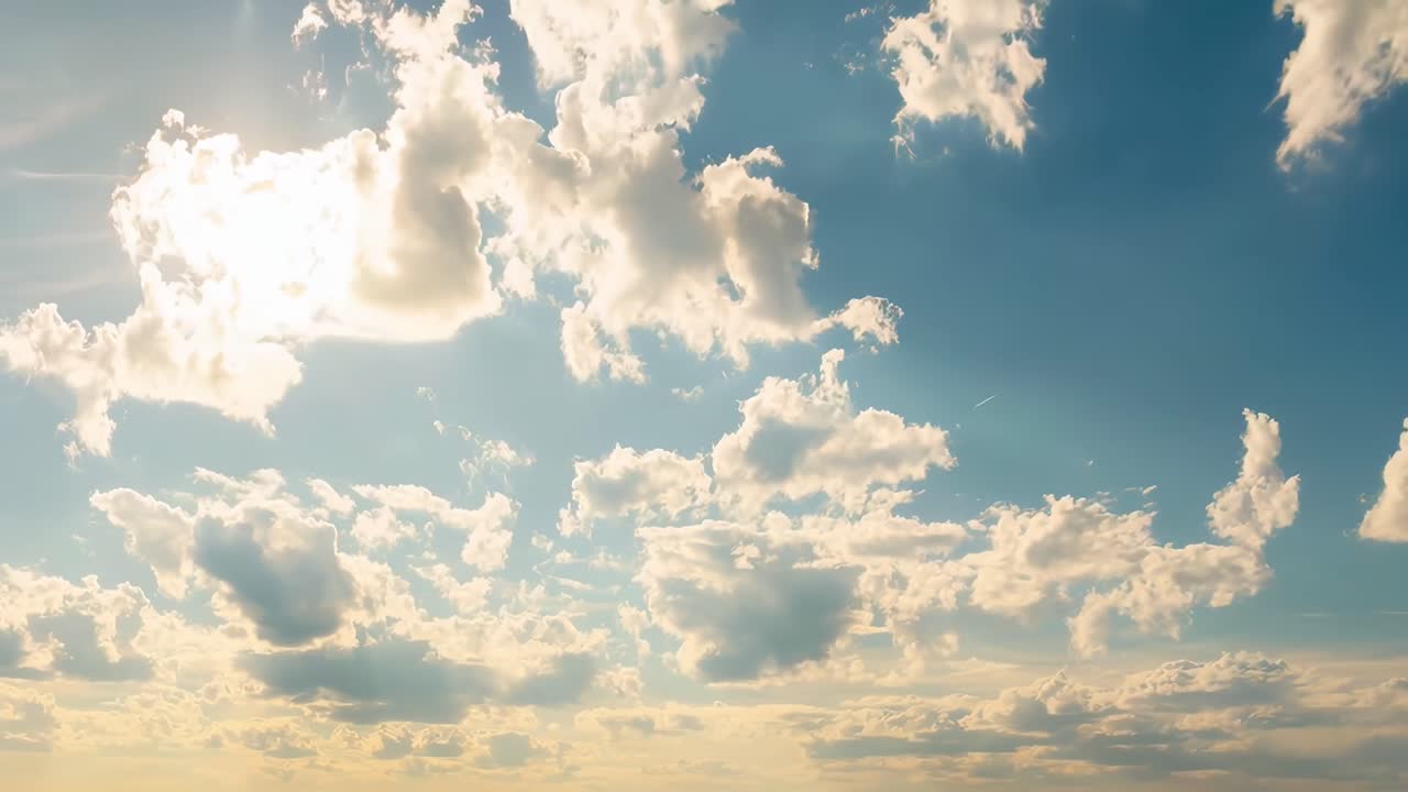 Helle Sonne und weiße Wolken ziehen über einen blauen Himmel