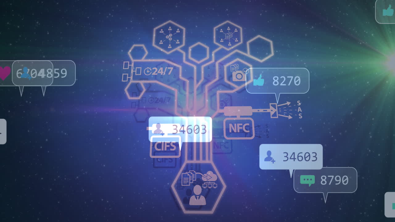 animación de iconos de medios y senderos de luz sobre fondo azul