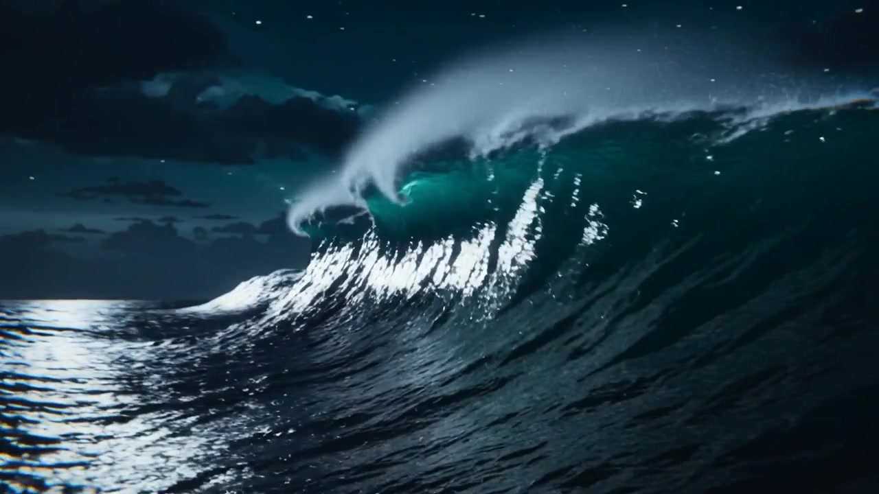 Incoming swell pushing ocean wave curling into barrel at night, moonlight, stars and spray glowing