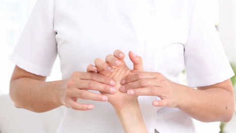 physiotherapist examining her patients hand