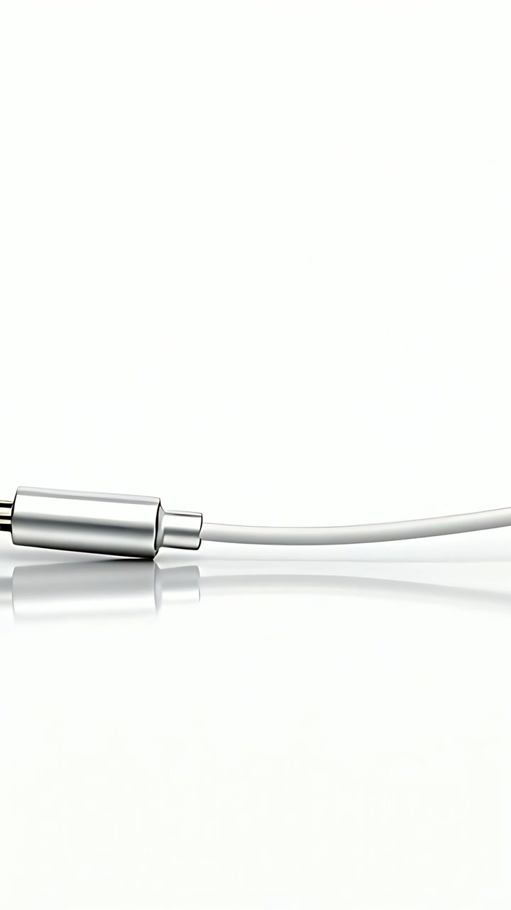 Vertical video: Sliding silver plug, white cable entering left, rotating on gloss top, copy space