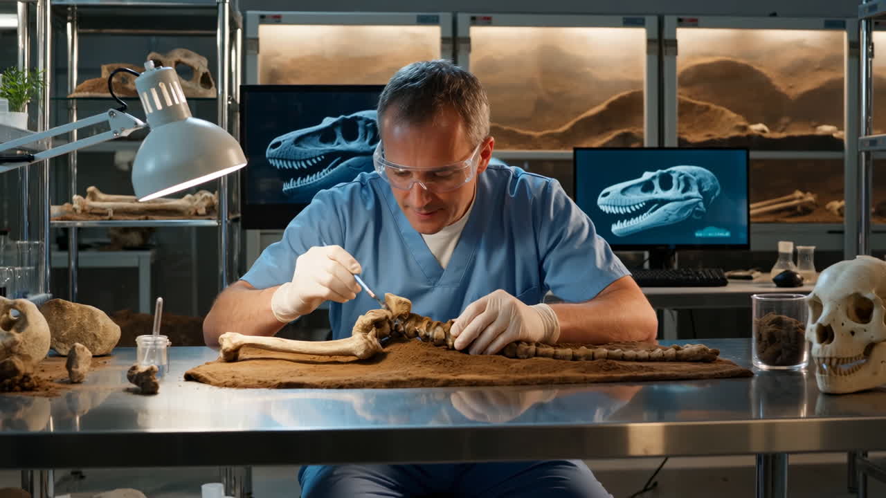 Paleontologist meticulously working on a dinosaur fossil in a lab