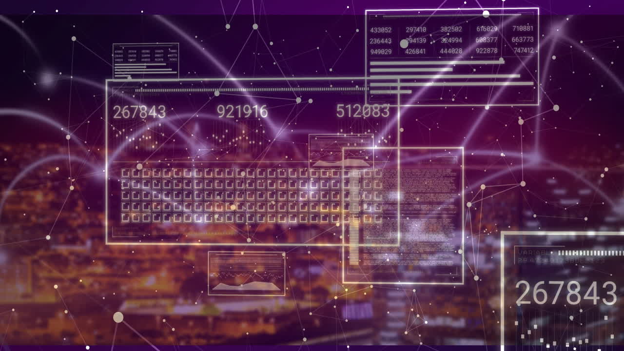 3D render showing floating data panels with numeric values, charts and code over blurred cityscape