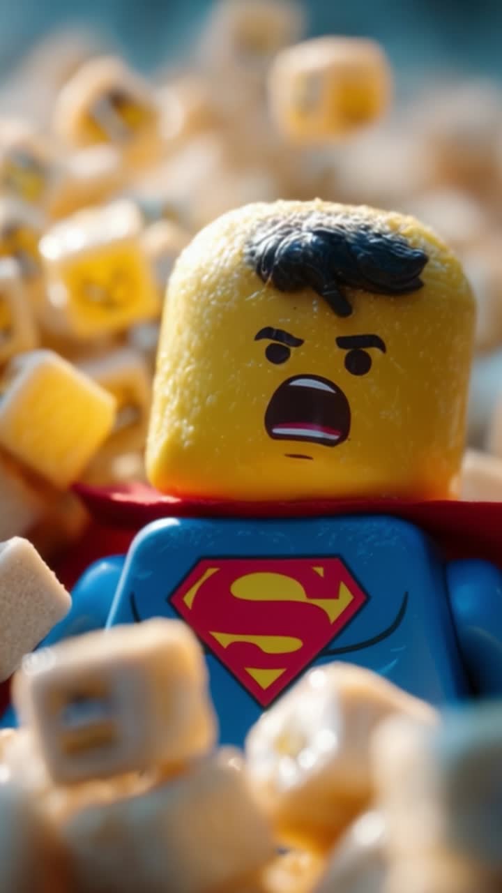 Una figura dinámica de LEGO de un superhéroe rodeado de formas coloridas de aperitivos, capturando un momento emocional lleno de acción y alegría en una escena caprichosa