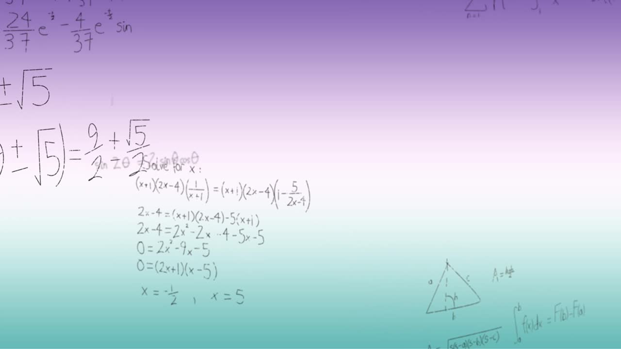 Animation of handwritten mathematical formulae over blue to purple background
