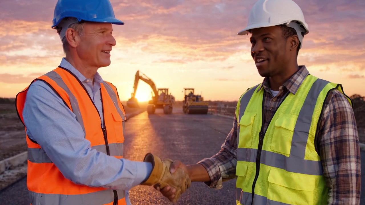 Two Construction Workers in Safety Gear Enjoying a Sunset on a Building Site, Highlighting Collaboration, Progress, and Community in Modern Infrastructure Development.