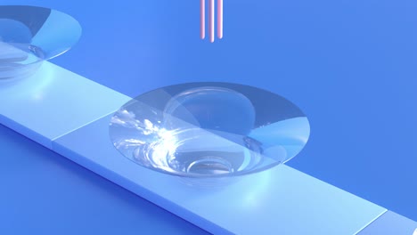 the glass bowl on moving conveyor belt are filling up with long elastic pink jelly tubes