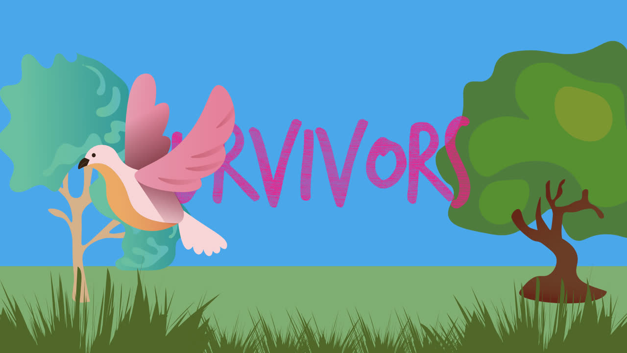 나무와 새 위에 분홍색 생존자 텍스트의 애니메이션