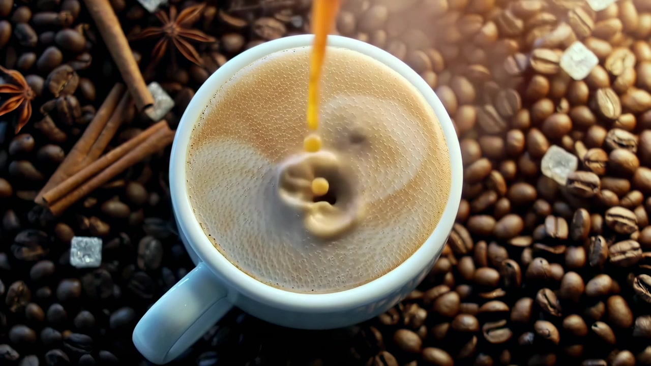 Frisk kaffe hældes i en hvid kop omgivet af kaffebønner
