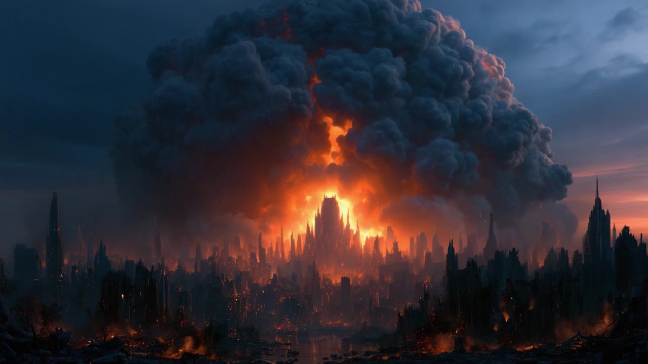 Un drammatico paesaggio post-apocalittico avvolto nel fumo e nel fuoco, che mostra le conseguenze di un evento catastrofico con braci ardenti e uno skyline oscurato