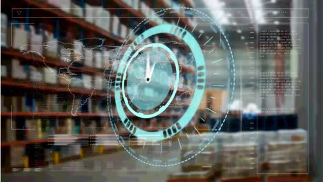 Animation-of-clock-and-data-processing-over-shelves-in-warehouse