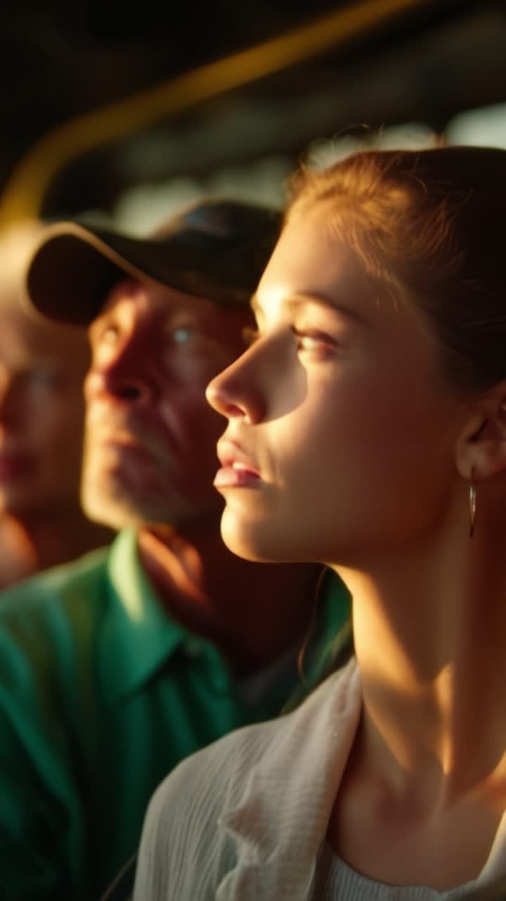 Un momento de reflexión: una mujer joven sumida en sus pensamientos entre un grupo durante un sereno viaje al atardecer en un entorno de transporte.
