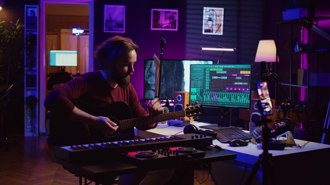Skilled musician teaching how to play acoustic guitar online