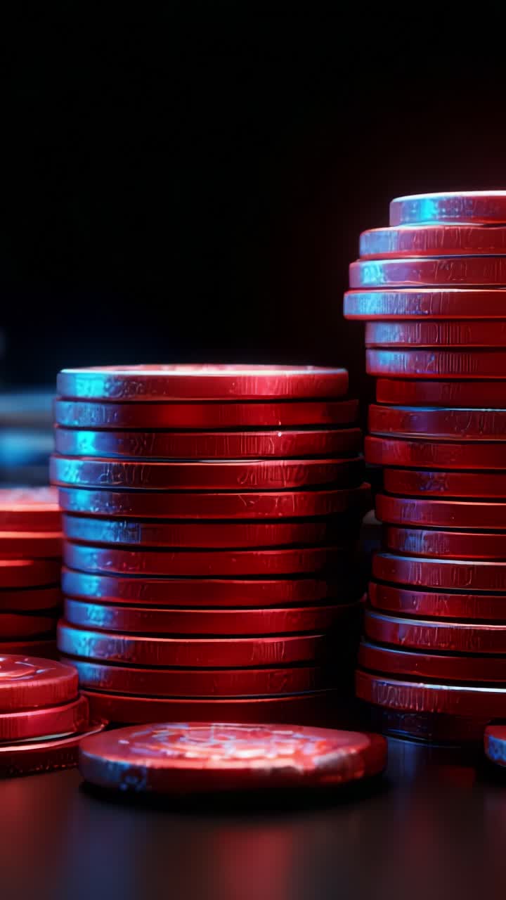 A Spectacular Display of Stacked Red Chips Glimmering Under Soft Lighting in a Gaming Environment, Perfect for Highlights and Focused Play