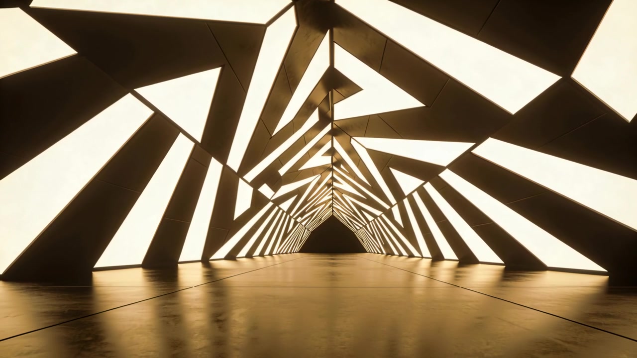 Tunnel di pannelli scorrevoli con effetti di luce che si comprime verso l'interno sul palco, mostrando un triangolo scuro e un pavimento lucido.