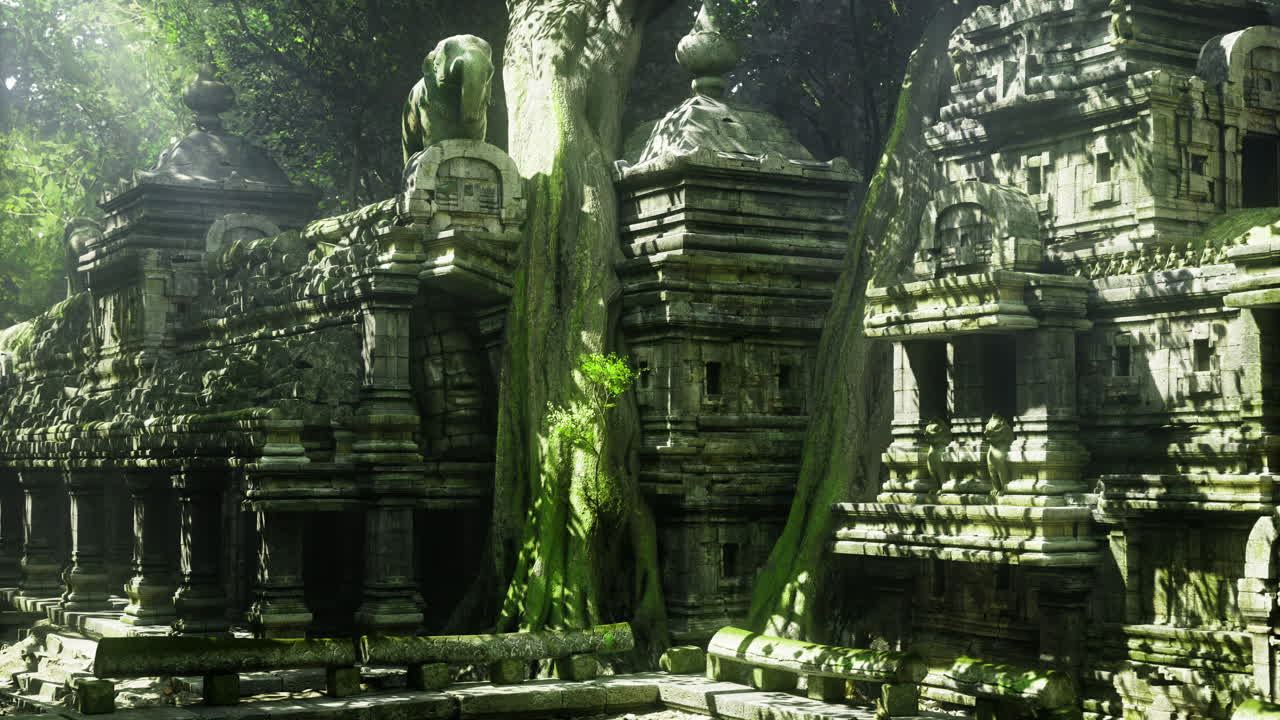 Antiche rovine di un tempio immerse nel verde lussureggiante di un ambiente tropicale