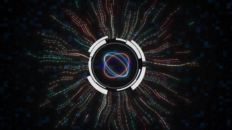 Colorful digital atom energy background light trails pixel blocks science space ai technology