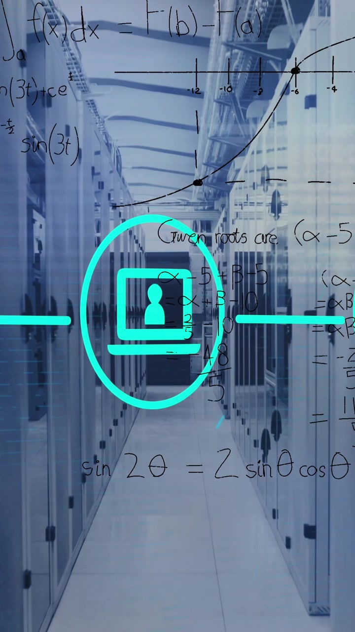 Animation of network of digital icons and mathematical equations against computer server room