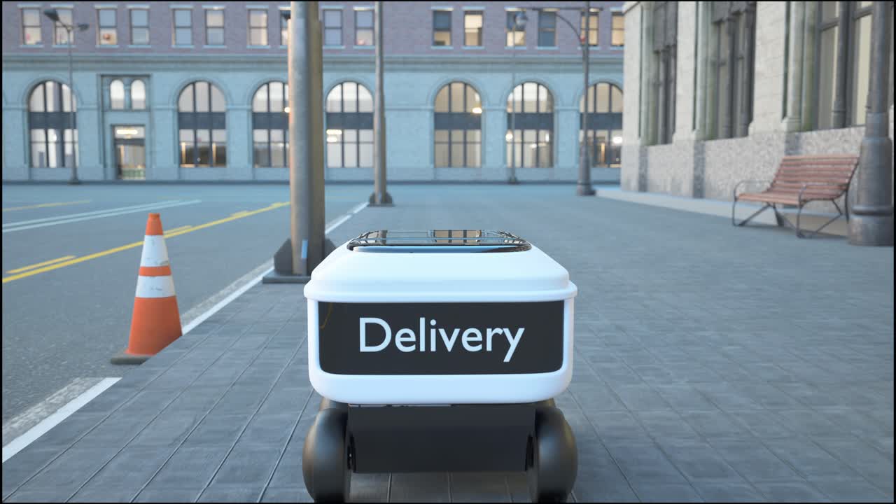 도시 거리에서 운전하는 자동 배달 로 서비스: 현대적인 스마트 무선 로은 고객에게 상품이나 음식을 배달합니다.