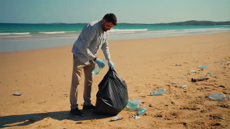 Beach cleanup volunteer collecting plastic waste on a sandy beach