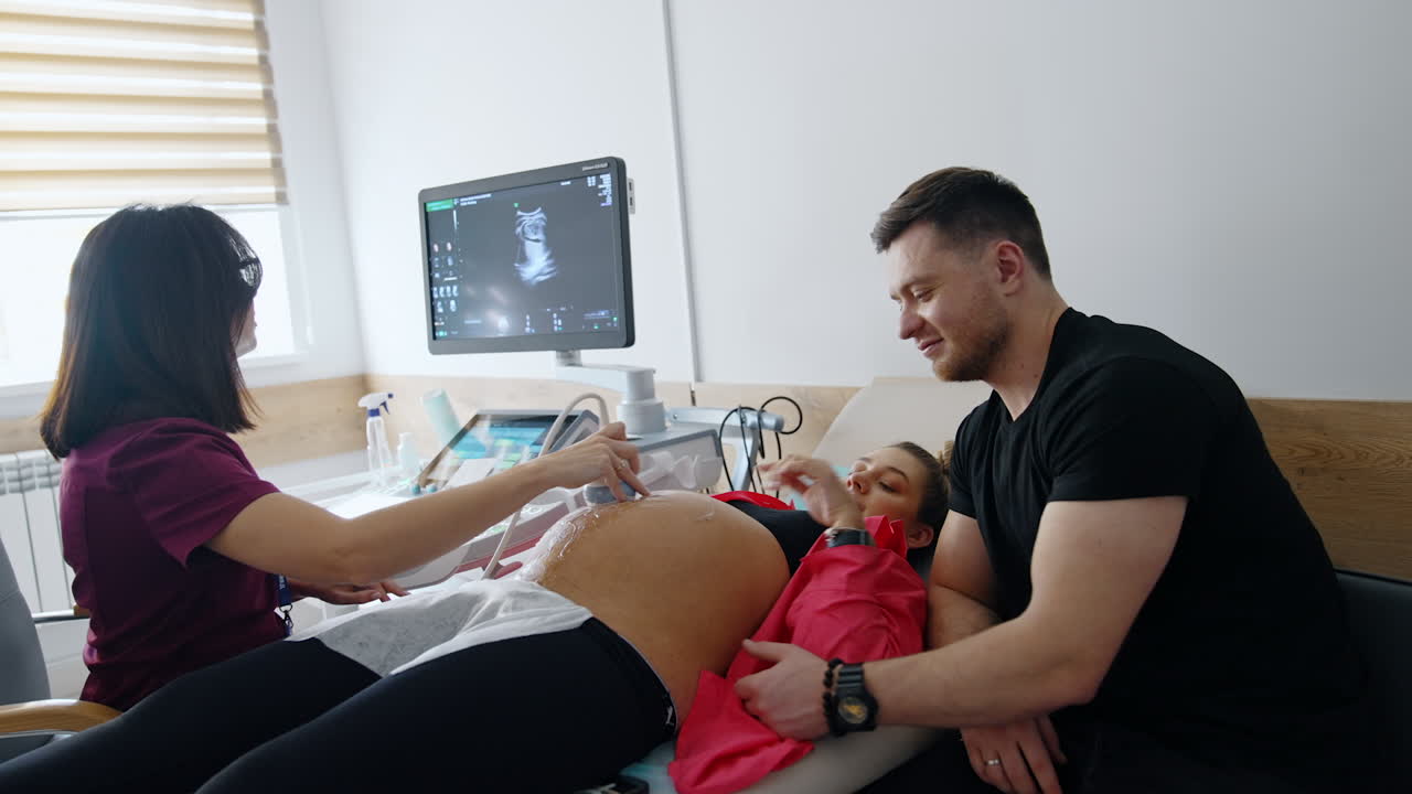 Pregnant lady is examined by doctor on the ultrasonic machine. Loving man caresses his wife's belly.