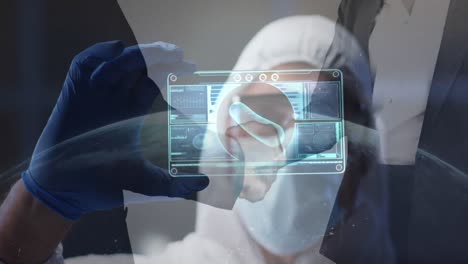 animation of man in ppe suit with screen virus cell and data processing over men shaking hands