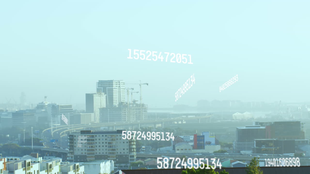 도시 풍경 위에서 처리되는 숫자의 애니메이션