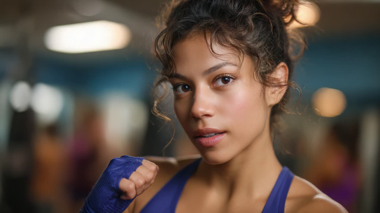 Atleta donna forte e determinata, concentrata sulla forza, immortalata in un ambiente fitness, che mette in mostra la sua dedizione alla preparazione fisica e al benessere