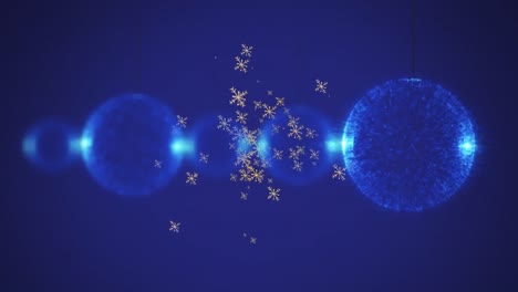 animation of snow falling over christmas baubles