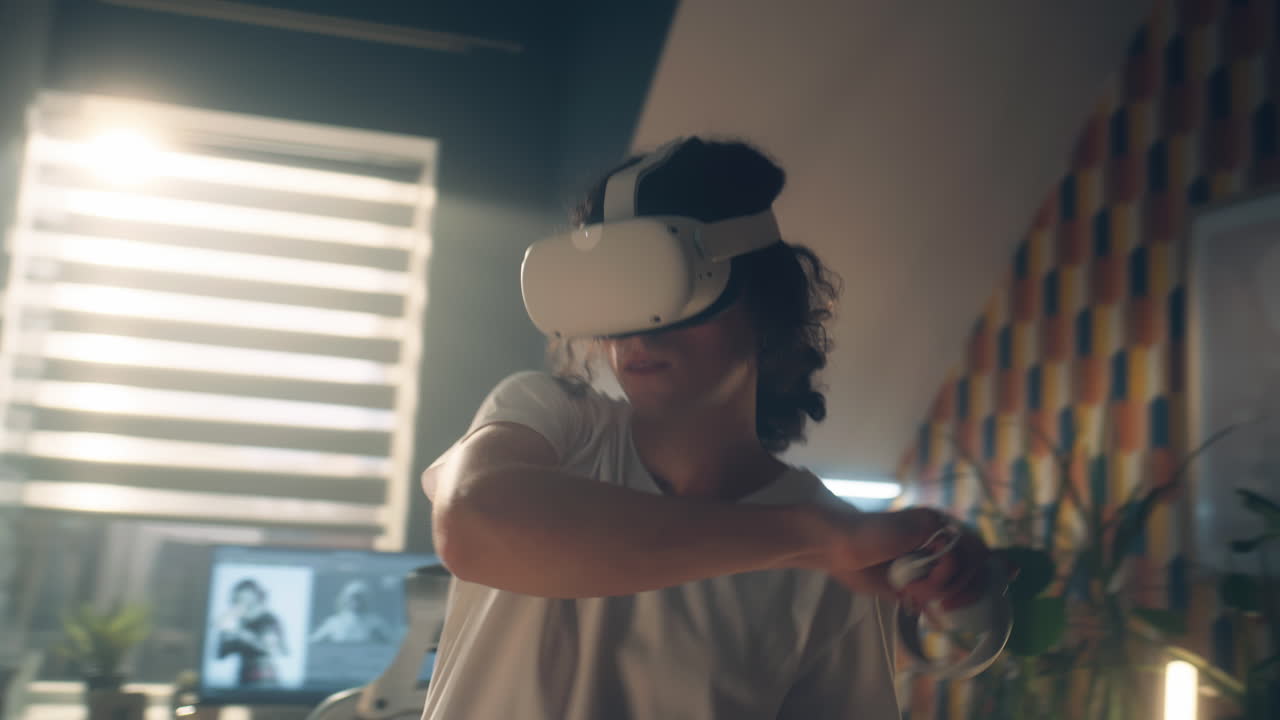 Woman using VR headset in a home office