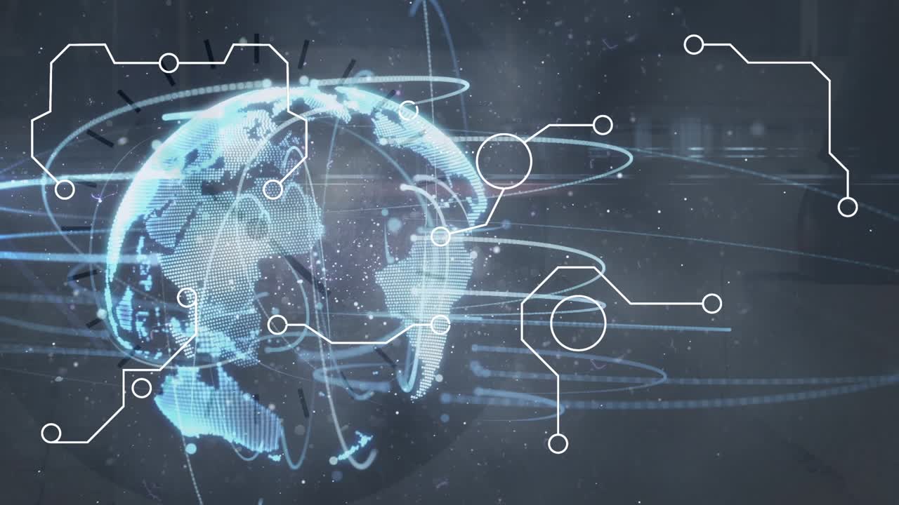 Animation of data processing and globe over people walking