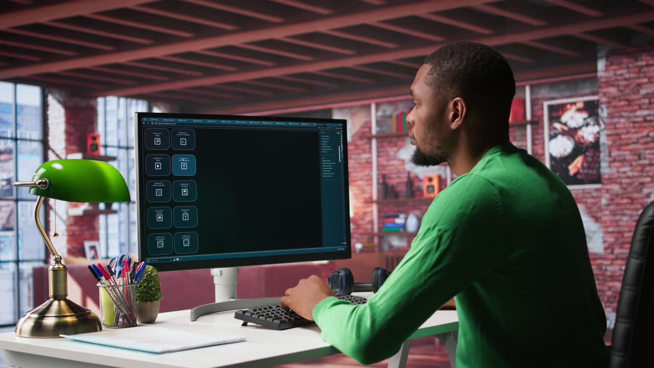 Vertical Video Black male freelancer at home uses AI chatbot for task completion