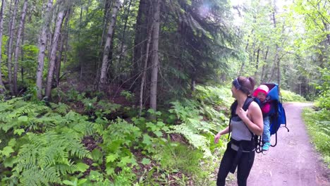 Mother-carrying-baby-in-carrier-backpack-while-walking-through-forest-4k