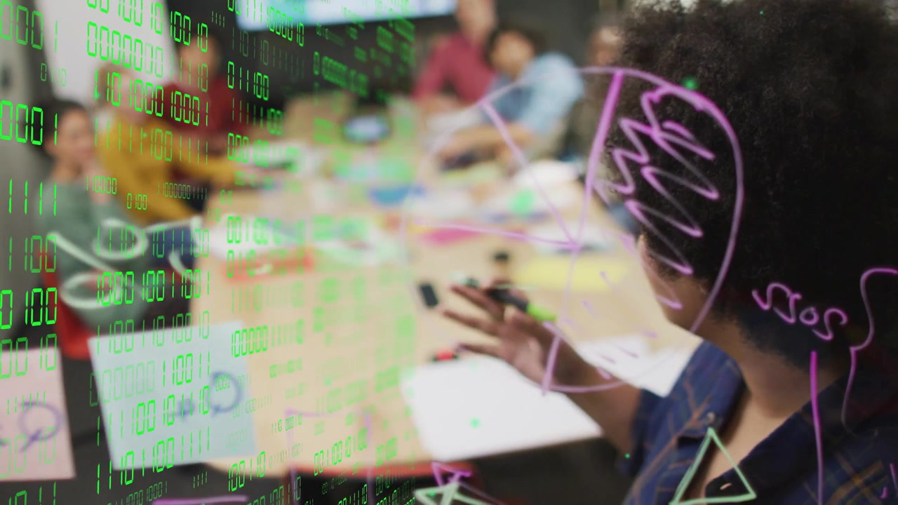 Woman presenter drawing on glass board starting green code overlay highlighting chart for business