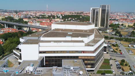 prague congress centre building, aerial drone view, flight towards this architecture design place