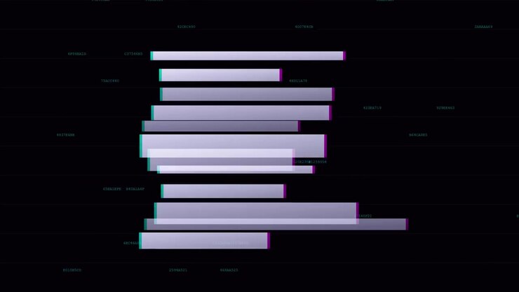 Digitaler Glitch-Effekt mit schwebenden Datencodes auf schwarzem Hintergrund