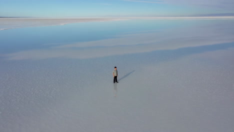 person standing on a vast salt flat reflecting the sky