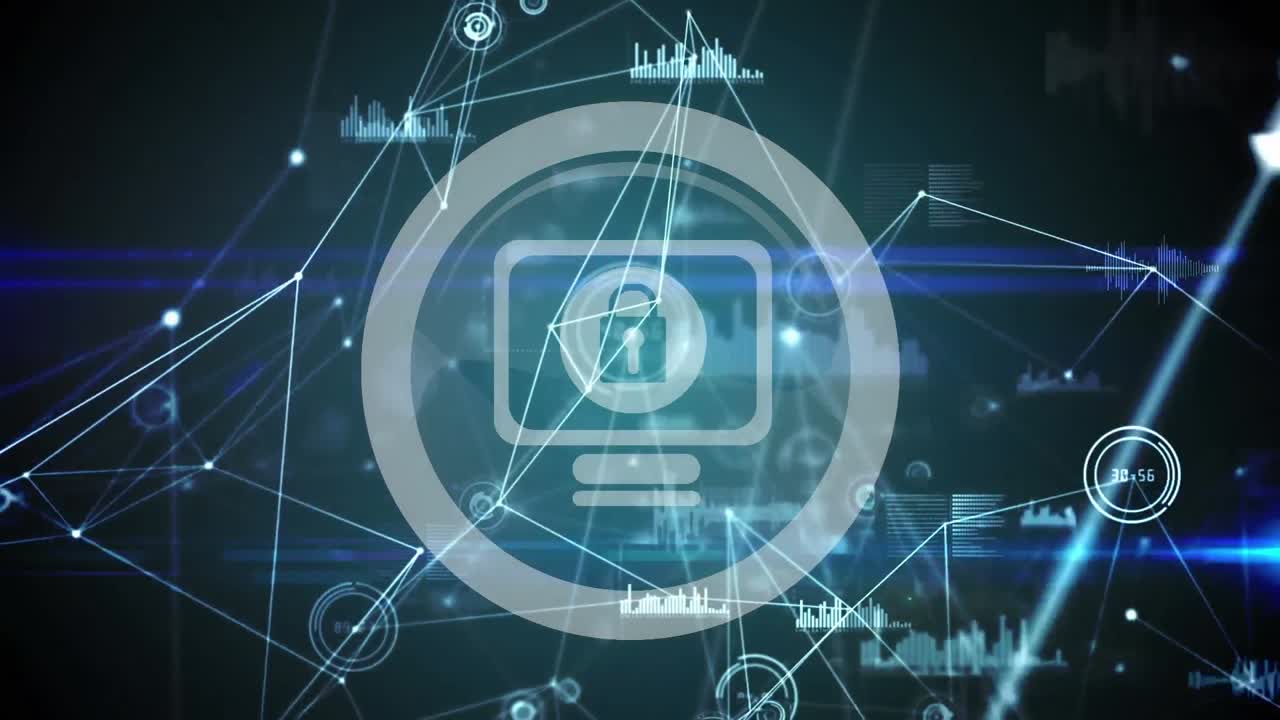 Digital animation of network of connections over security padlock icon on green background
