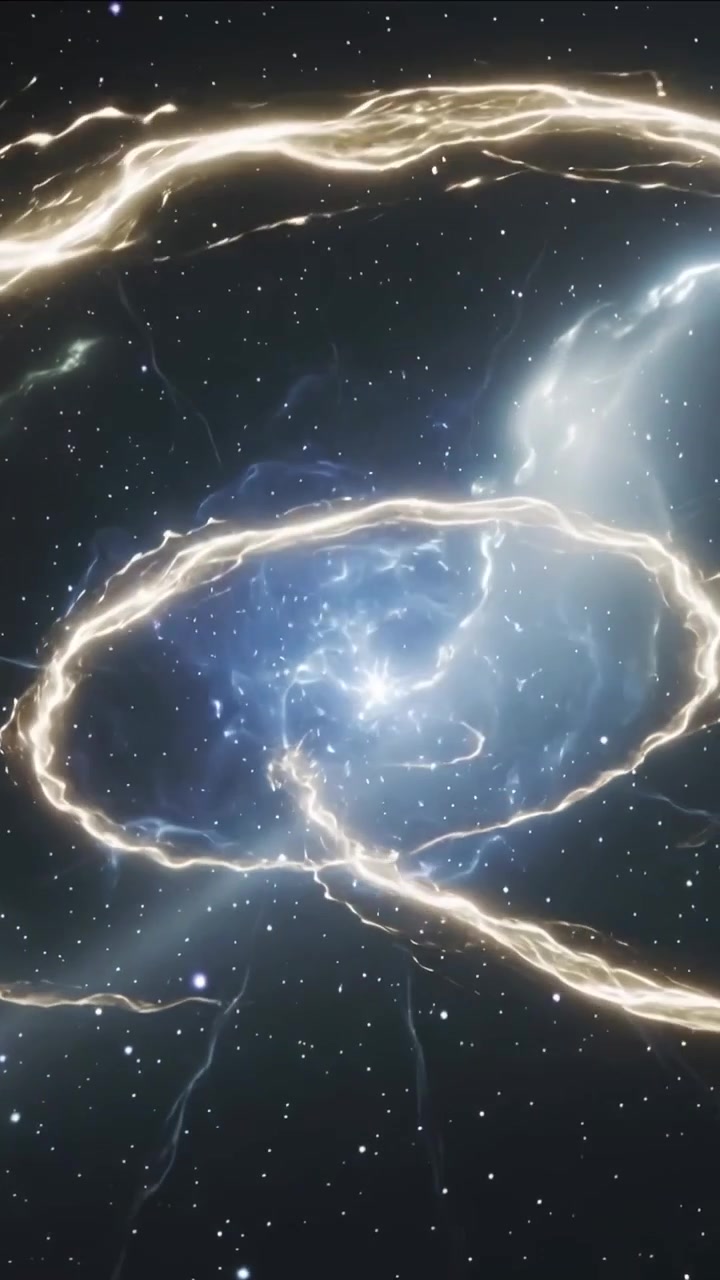 Video vertical: Núcleo pulsante disparando arcos, envolviendo cintas trenzadas, liberando energía en el espacio.