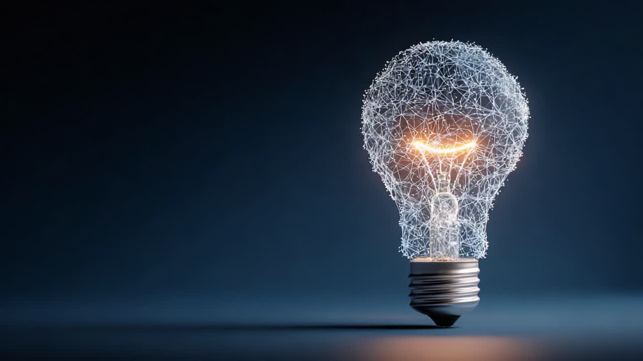 Illuminating Ideas: A Spark of Creativity Captured in a Striking Lightbulb Design Featuring a Network of Vibrant Light Elements and Intricate Wireframe Patterns