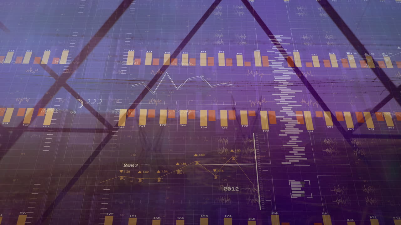 animación del procesamiento de datos financieros sobre torres eléctricas y paisaje