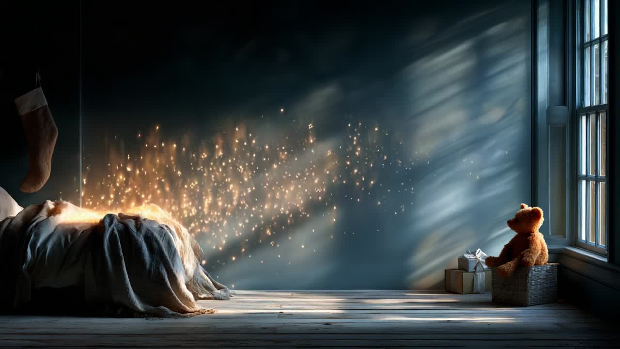 A Serene Room Captured in Two Stages: The Transition from Dreamy Whispers to a Quiet, Magical Glow with a Teddy Bear Watching Over the Space, Evoking Emotions of Nostalgia and Tranquility